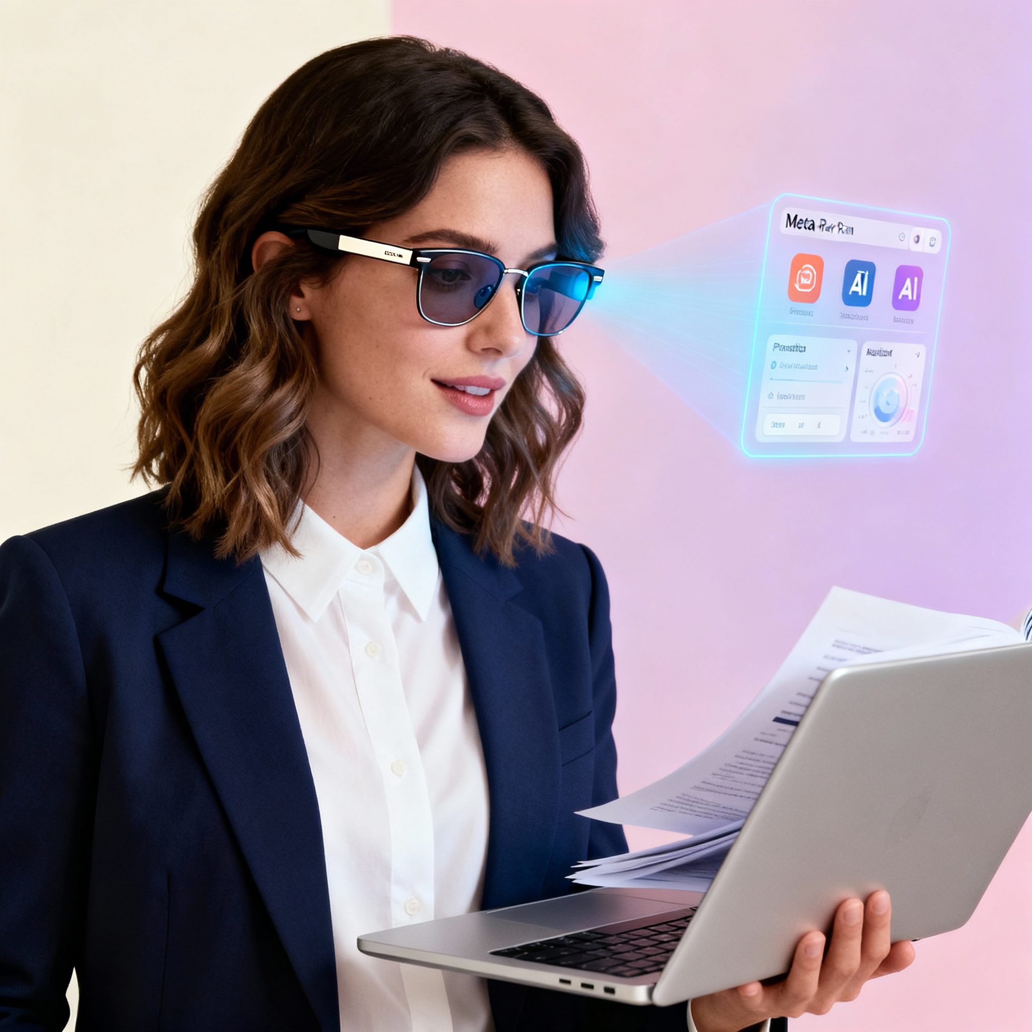 mulher moderna usando óculos inteligentes Meta Ray-Ban com projeção de tela, tecnologia e IA para produtividade feminina