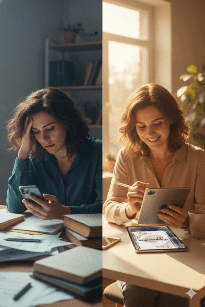 Mulher sofrendo de sobrecarga mental tentando organizar tarefas no computador